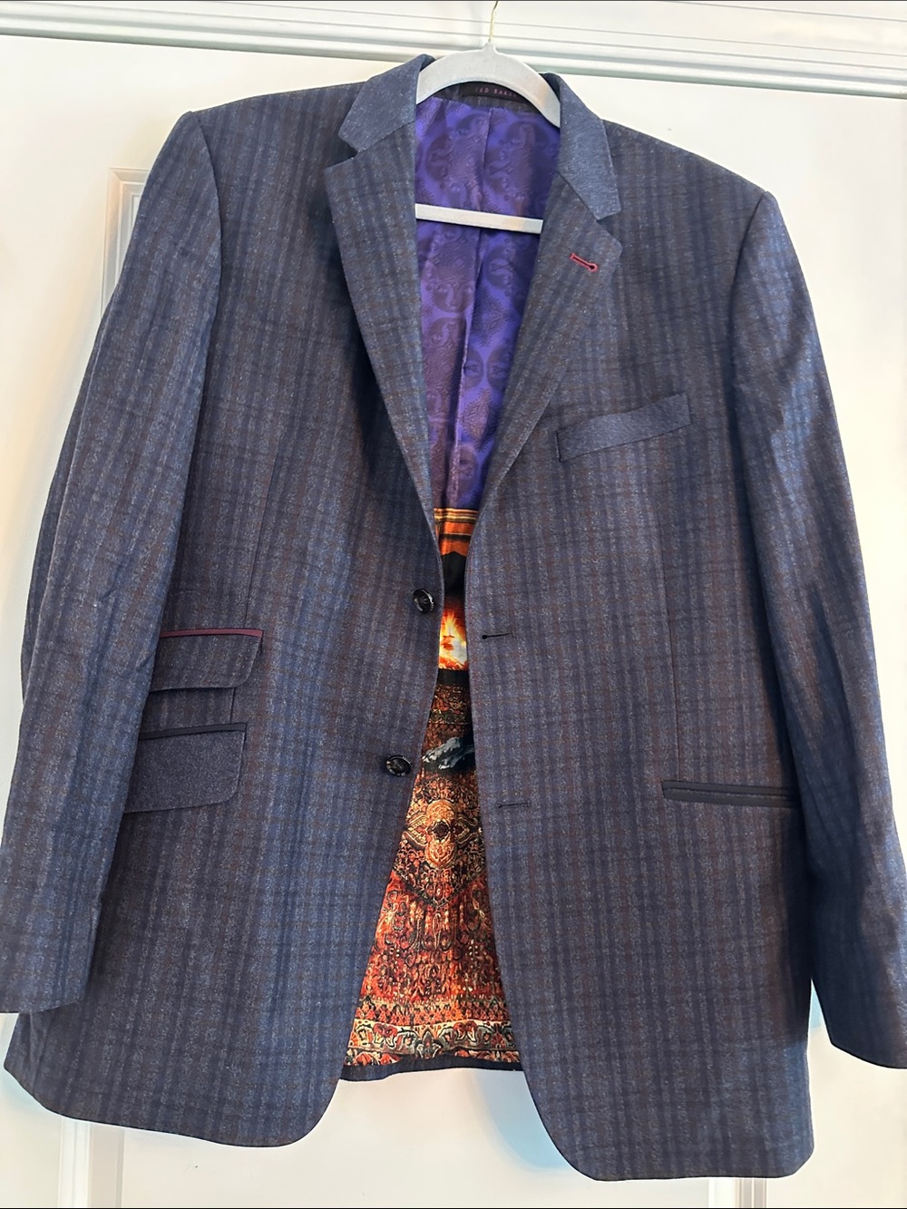 Ted Baker Navy Plaid Sport Coat with Purple Paisley Lining